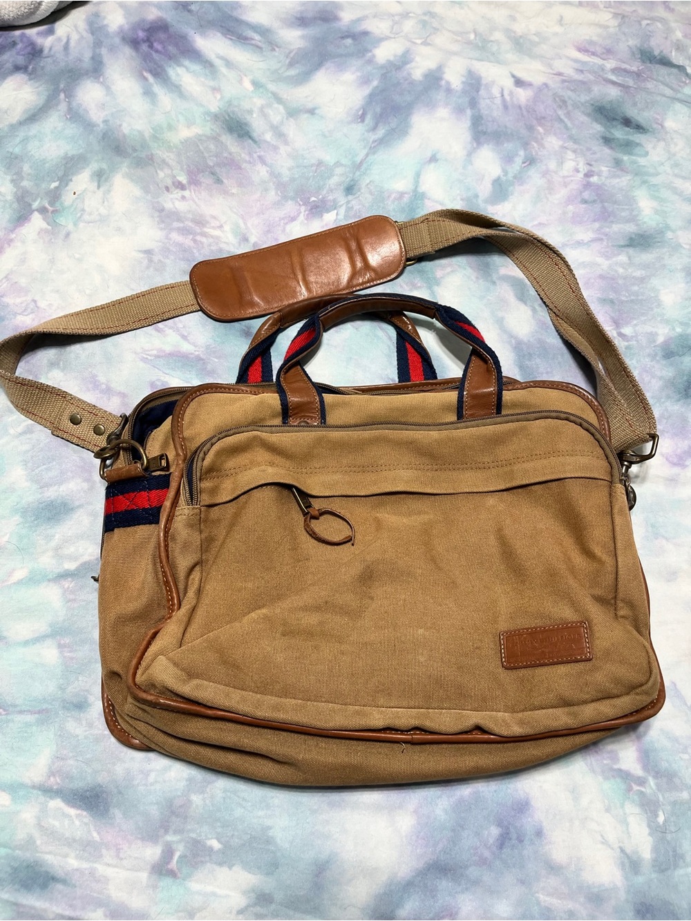 Tommy Hilfiger Tan Canvas Messenger Bag with Navy-Red Webbing